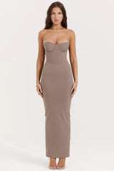 taupe strapless corset maxi dress