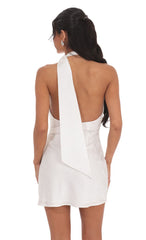 Satin Jacquard Scarf Halter Dress in White