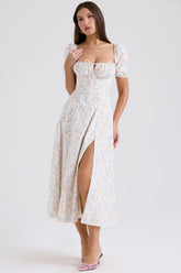 white posy print cotton puff sleeve midi sundress