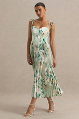 Peyton | Green Floral Print Satin Sweetheart-Neck Midi Dress With Pleated Details