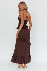 Clemence Smocked Frill Trim Maxi Dress Chocolate