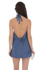 Satin Halter Open Back Dress in Navy