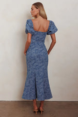 Feeling Electric Puff Sleeves Mermaid Maxi Dress Denim Blue