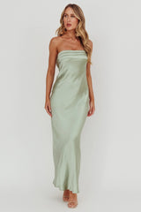 Kona Strapless Pleated Bust Satin Maxi Dress Sage