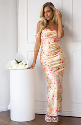Ella Yellow Bloom Satin Maxi Dress