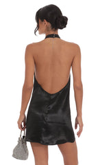 Satin Halter Shift Dress in Black