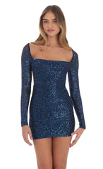 Blue Sequin Long Sleeve Open Back Bodycon Dress in Black