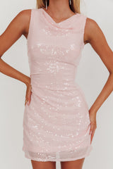 Country Club Cowl Neck Mini Dress Sequin Pink