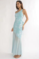 Mireya One-Shoulder Sheer Hem Maxi Dress Aqua