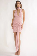 Adair Halterneck Waist Sash Mini Dress Blush