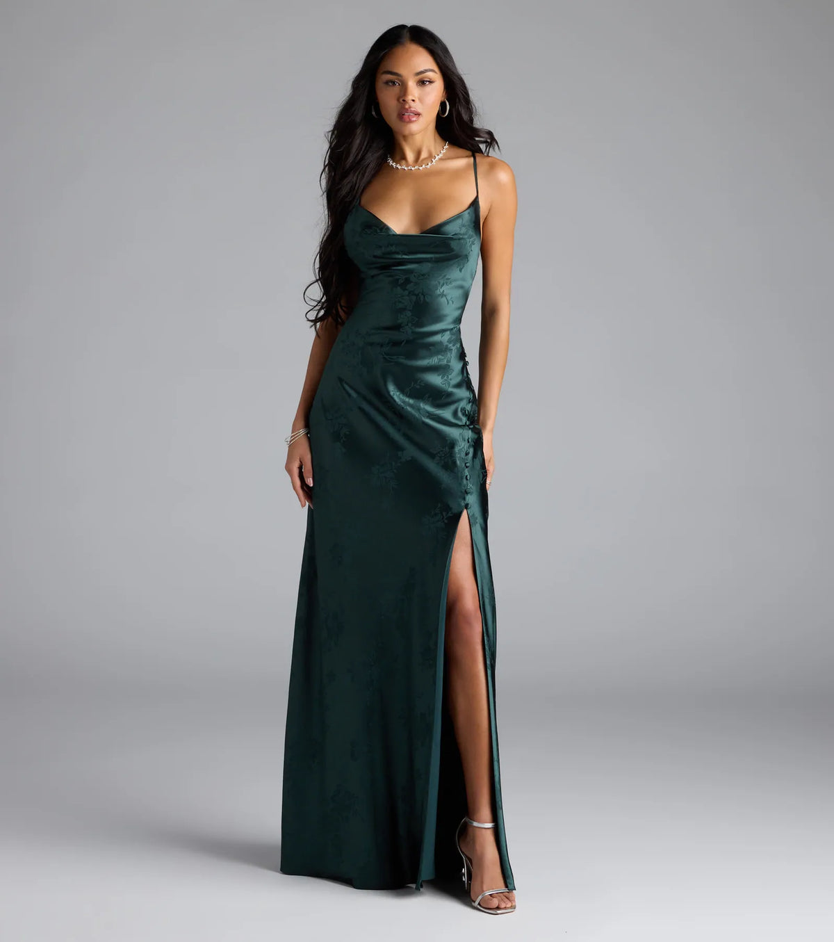 Gigi Cowl Neck Button Slit Satin Formal Dress