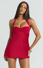Flynn Mini Dress - Satin Halter Sweetheart Neck Dress in Wine