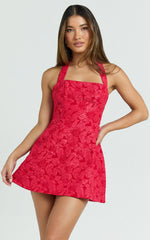Gabbie Mini Dress - Jacquard Halter Fit And Flare Dress in Red