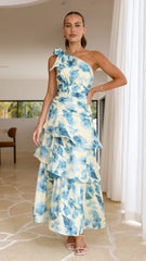 Odilie One Shoulder Maxi Dress - Yellow/Blue Floral