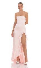 Satin Jacquard Back Bow Corset Maxi Dress in Pink