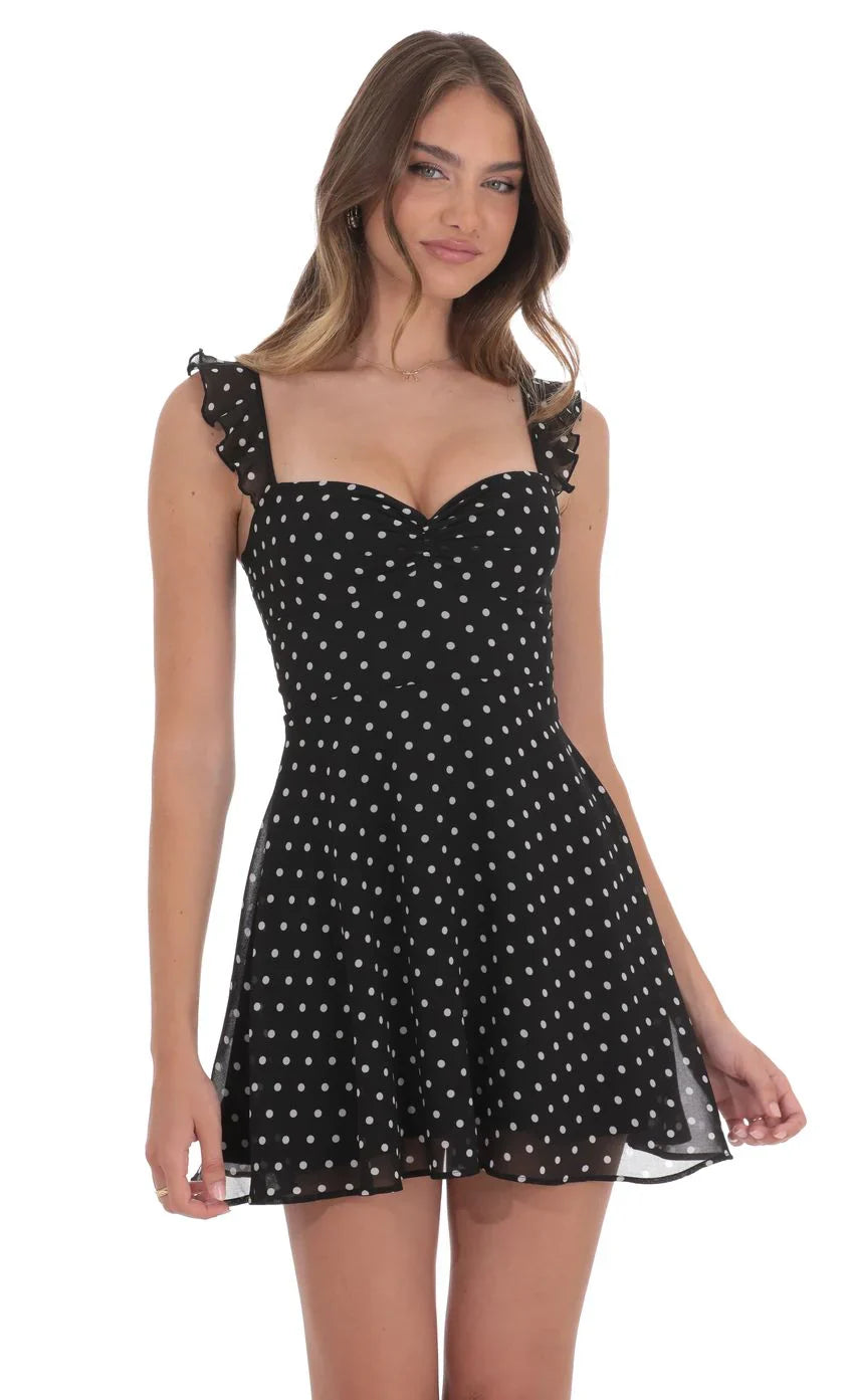 Polka Dot Ruffle Strap A-Line Dress in Black