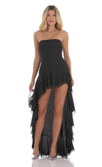 Strapless Mesh High Low Dress in Black
