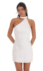 Satin Jacquard Scarf Halter Dress in White