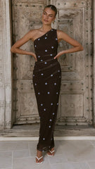 Cataleya Maxi Dress - Brown/Blue Polka Dot