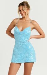 Orla Mini Dress - Cowl Neck Halter Dress in Blue