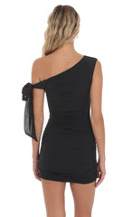 Off Shoulder Shimmer Tie Dress in Black