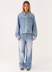 Back Again Oversized Denim Jacket - Light Wash Blue