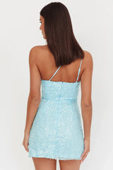 Disco Baby One-Shoulder Sequin Mini Dress Light Blue