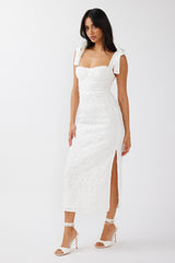 Cupid Tied Shoulder Embellished Midi Dress White