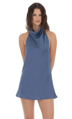 Satin Halter Open Back Dress in Navy