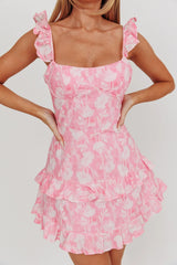 Moonlit Moment Ruffle Trim Lace-Up Back Dress Flowers Pink