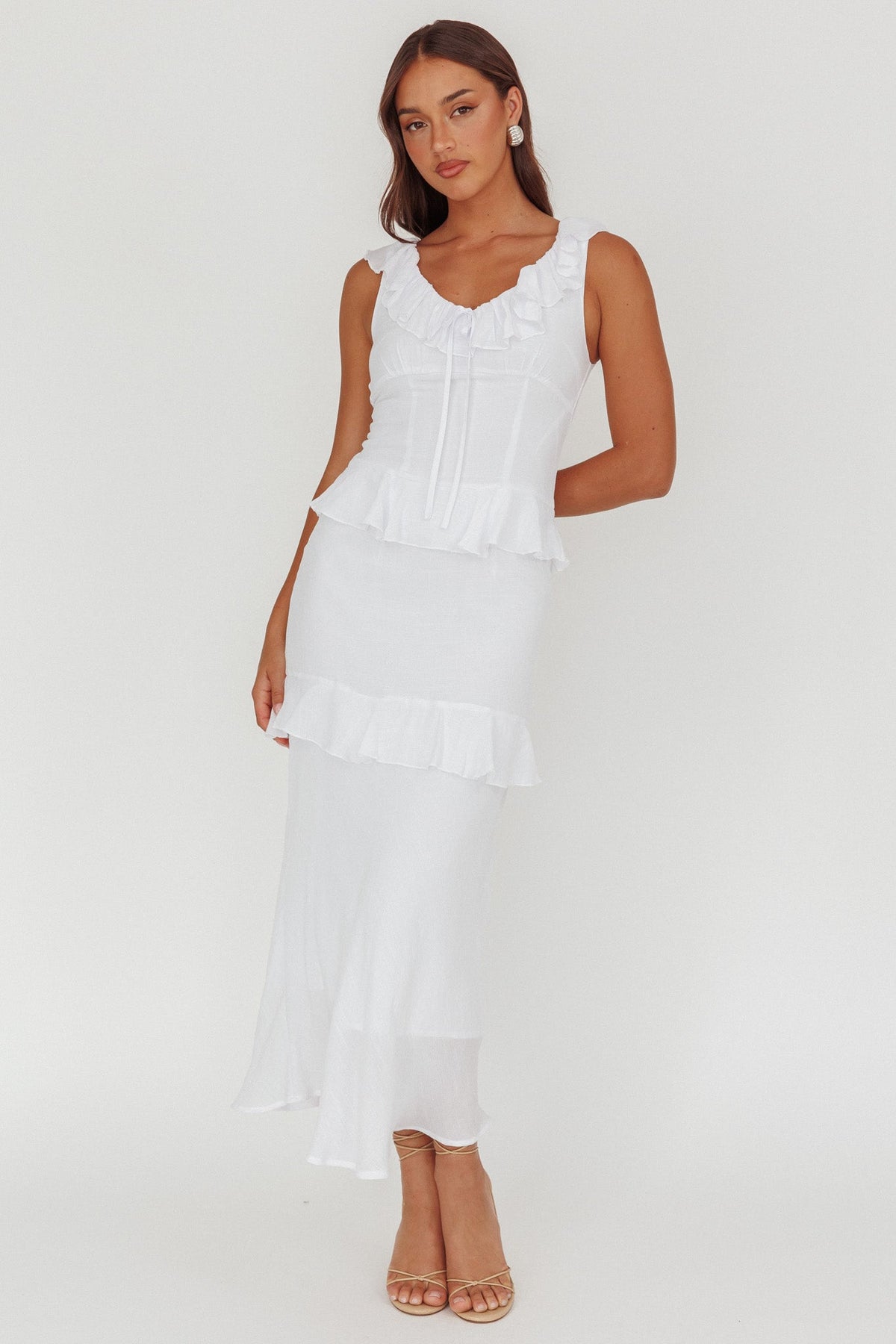 Arrabel Ruffle Trim Bust Tie Maxi Dress White