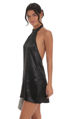 Satin Halter Shift Dress in Black