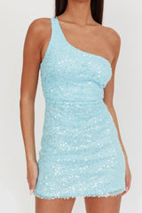 Disco Baby One-Shoulder Sequin Mini Dress Light Blue