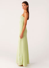 Sassafras Beaded Flower Strapless Maxi Dress - Lime