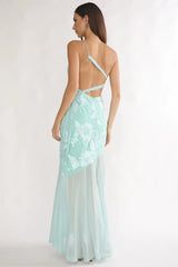 Mireya One-Shoulder Sheer Hem Maxi Dress Aqua